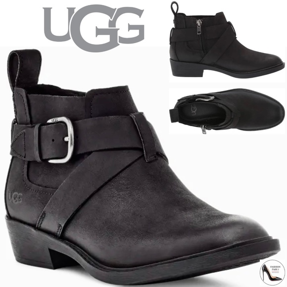 UGG Wylma Black Oiled Leather Moto Booties 1113422 Buckle Western Ankle Boots 7 - Picture 5 of 14